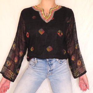 NEERU’S MULTICOLOR BLACK PATCH STITCH KNIT VINTAGE BLOUSE TOP SIZE SMALL